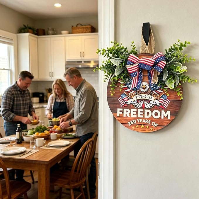 250th Anniversary Patriotic Wreath for Front Door, 250 Years of Freedom Wooden Door Sign, 4th of July Decorations Outdoor & Memorial Day Decor for Home (Color-Freedom2)