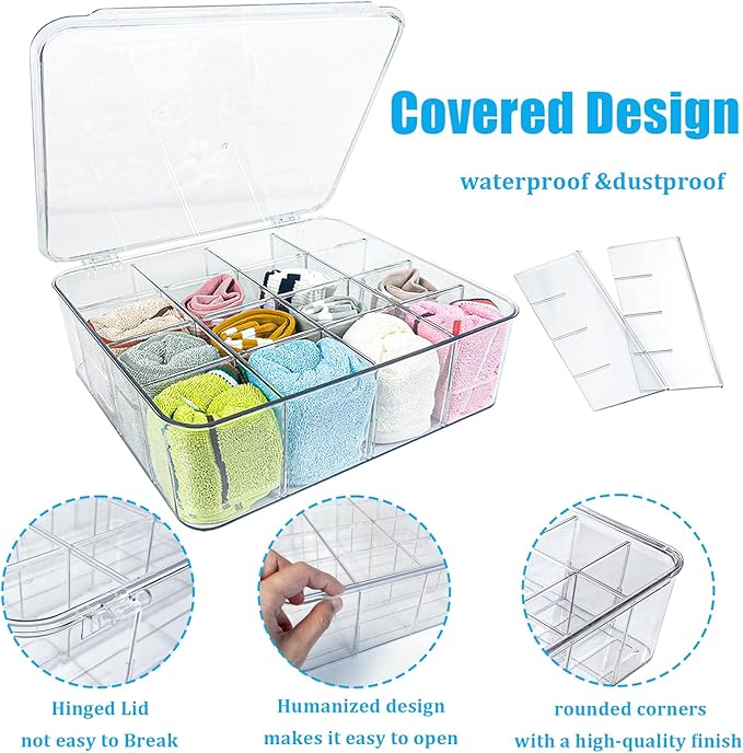 2 PCS Sock Underwear Organizer Clear Storage Containers 16 Cell Adjustable Dividers Plastic Drawer Organizer Box with Lids for Ties Bra Scarf (11.8×9.4×3.9")