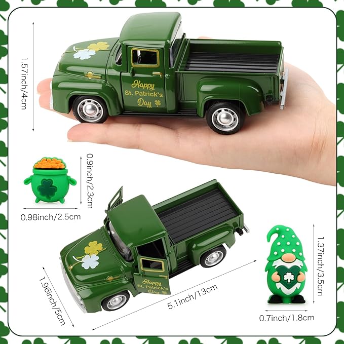 Hxezoc St Patricks Day Shamrock Truck Decor Green Vintage Metal Truck Spring Farmhouse Tabletop Mantle Decoration for Home Kitchen Office St Patricks Day Theme Party Supplies