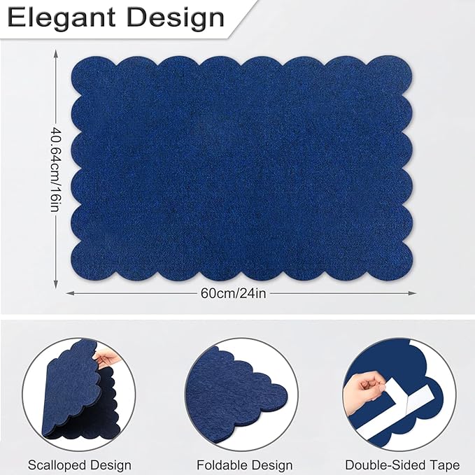 Foldable Decorative Scalloped Felt Bulletin Board 24 * 16 Inches for Wall, Alternative Photo Board Self-Adhesive Vision Board Decorative Pin Board for Wall (Dark Blue)