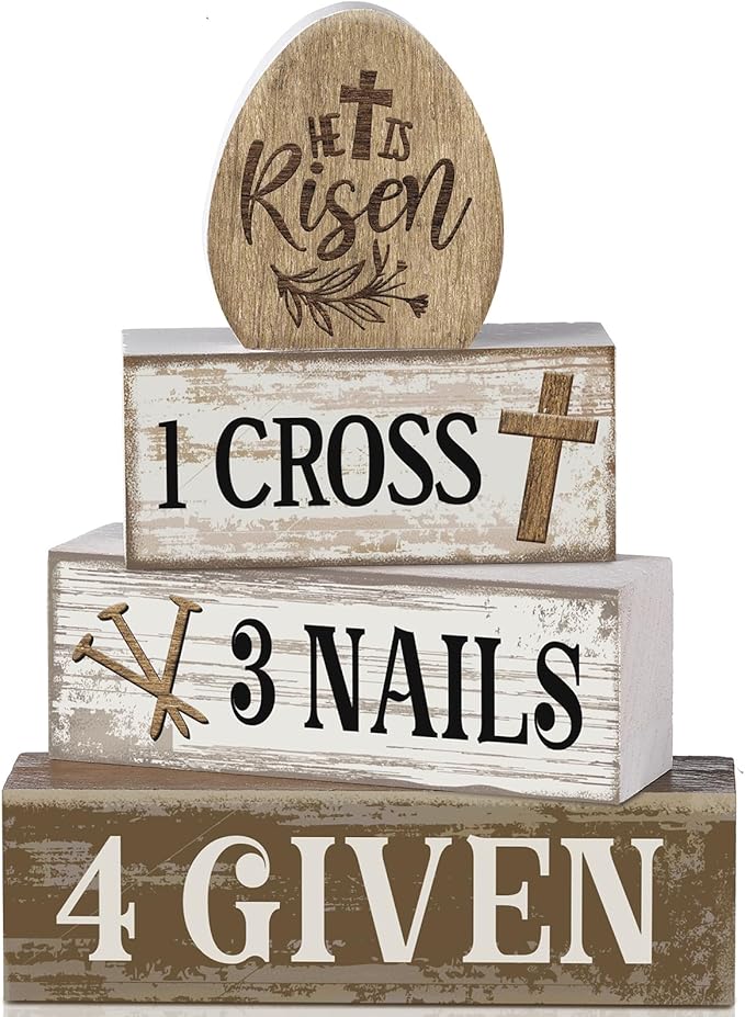 Lineshading 4 Pcs Easter Table Decoration Easter Gifts He Is Risen Tiered Tray Decor Christian Gifts Wooden Eggs Basket Stuffers Centerpieces for Holy Week Home Kitchen Party Decorations