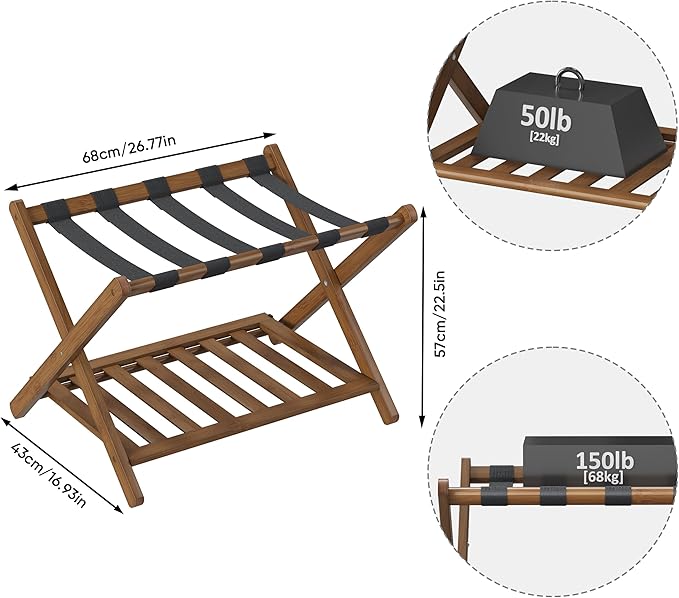 Smuxee Fully Assembled Black Walnut Luggage Racks Pack of 2, Upgraded Bamboo Foldable Suitcase Stand with 5 Nylon Straps, Luggage Holder with Shelf for Guest Room Bedroom Hotel