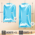 TAILI Hanging Vacuum Storage Sealer Space Saver Bags for Clothes, Coat, Closet Organizers, 4 Pack (2 Long, 2 Short) Blue