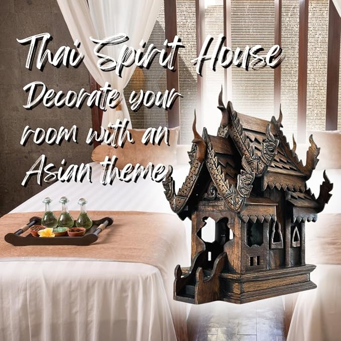 Large Wood Carved Thai Spirit House Model, Asian Inspired Home Decor, 15 Inches Tall