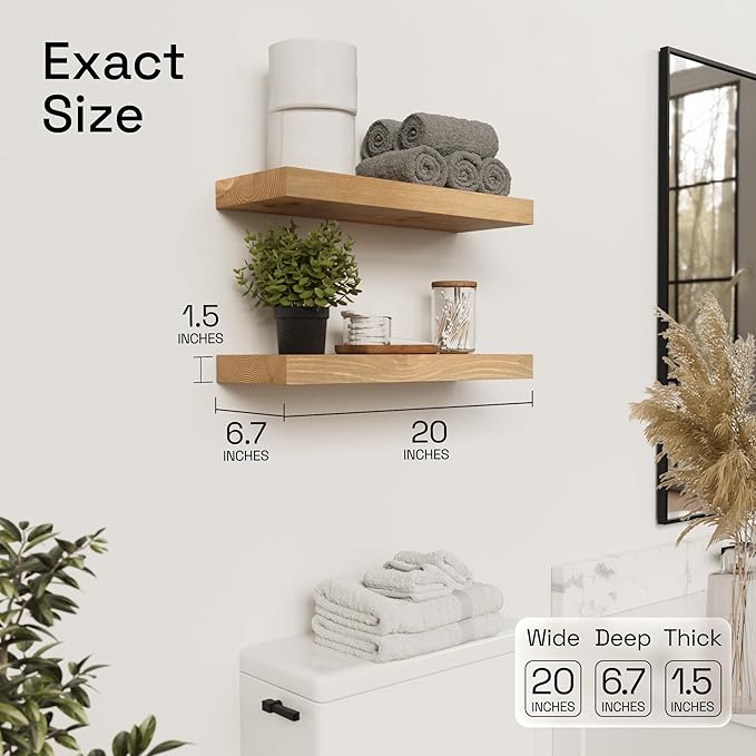 BAOBAB WORKSHOP Natural Wood Floating Shelves for Wall 20 Inch Wide, Solid Wooden Shelf 20 In, Bathroom Shelves for Room Wall Mounted Kitchen Rustic Farmhouse, Oak Floating Shelf, 20W × 6.7D, Set of 2