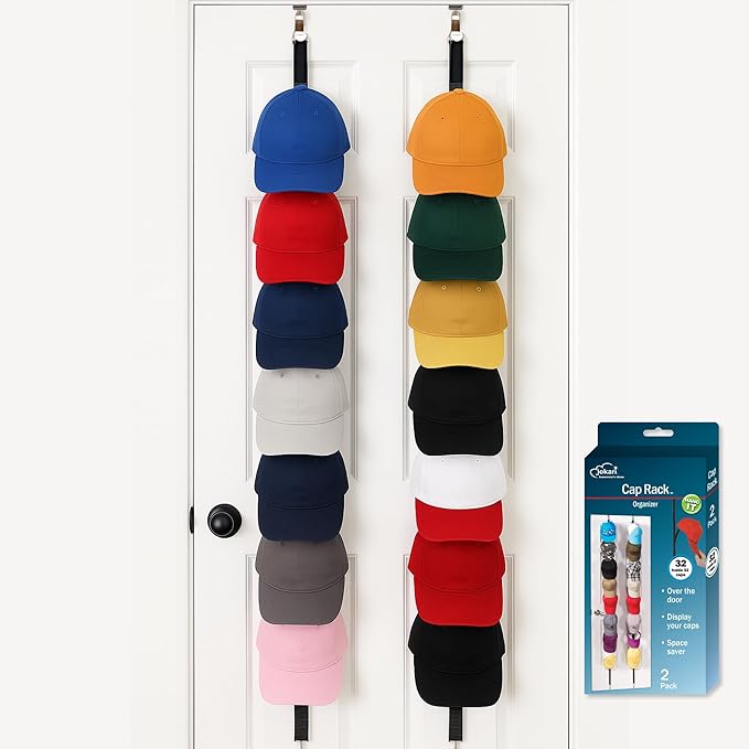 Jokari Over-the-Door Hat Rack Organizer 4 Pack – Holds Up to 32 Baseball Caps, Snapbacks, or Fitted Hats – Adjustable Closet Door Hat Storage with Hooks – No-Tool Installation for Men, Women, and Kids