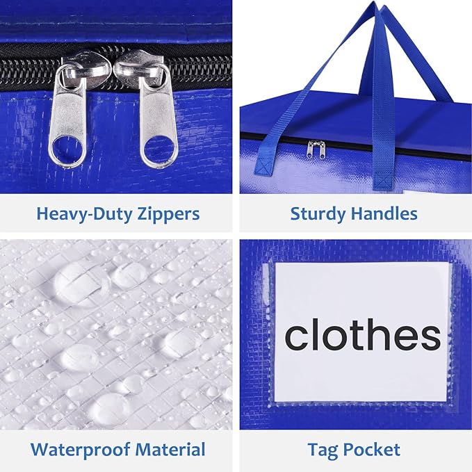 Moving Bags, Storage Bags with Sturdy Handles and Heavy Duty Zippers, Storage Totes for Space Saving, Moving & Storage, Collapsible Moving Supplies(100L, 10-Pack, Blue)