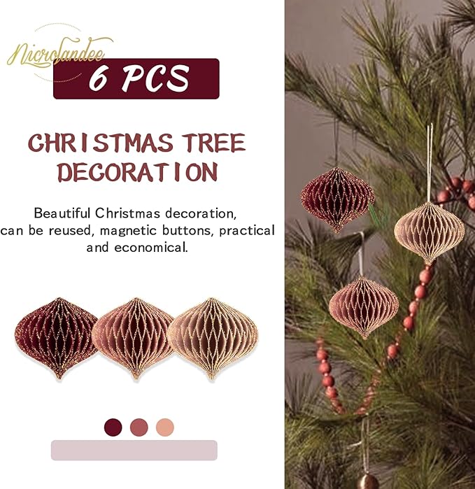 NICROLANDEE Wedding Decorations, 6 PCS Burgundy MIni Glitter Gold Edge Honeycomb Lanterns Ornaments for Christmas Tree Decoration, Xmas New Year Party, Birthday, Burgundy Bachelorette Party Decor
