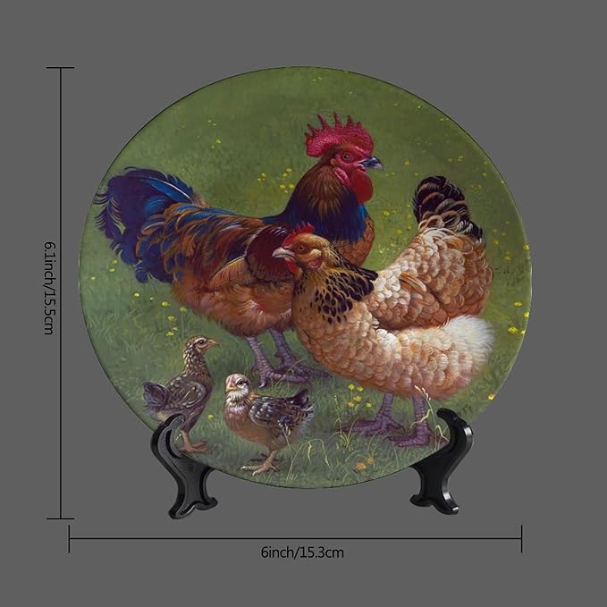 Rooster Decorative Plate Holder, 6 Inch, Rooster Chicks Hang Out on The Lawn Round Display Plate, Table Top Plate Decor with Stand, for Display Living Room Kitchen Closet Table Decor