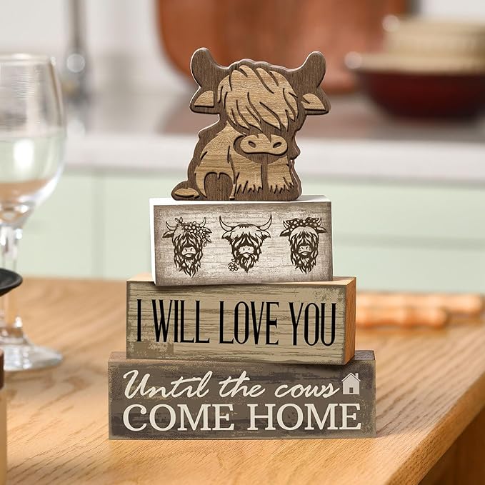 Moucuny 4 Pcs Highland Cow Table Decorations Rustic Western Tiered Tray Decor Decorative Highland Cow Block Signs Western Tabletop Centerpieces Farmhouse for Home Desk Room Kitchen Shelf Decor