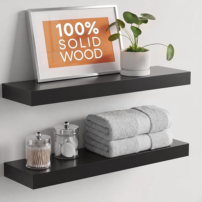 Homeforia Black Floating Shelves 24 inch, High End Solid Real Wood 24inch Bathroom Floating Shelf for Wall Mounted, Black Wooden 24in Floating Shelves, Heavy Duty Bracket, 24 X 6.5 X 1.75 in, Set of 2