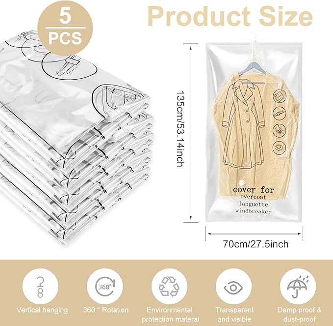 Hanging Vacuum Storage Bags 5 Pack, Space Saver Garment Bags 53.2 x27.6 inch, Vacuum Seal Bags for Clothing for Jacket, Suits, Dress, Clothing, Space Saver Bags With Hook