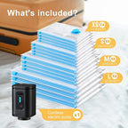 Combo 16 Pack Travel Vacuum Bags with Portable Electric Pump, Space Saver Vacuum Storage Bags for Clothing and Luggage, Travel Essentials