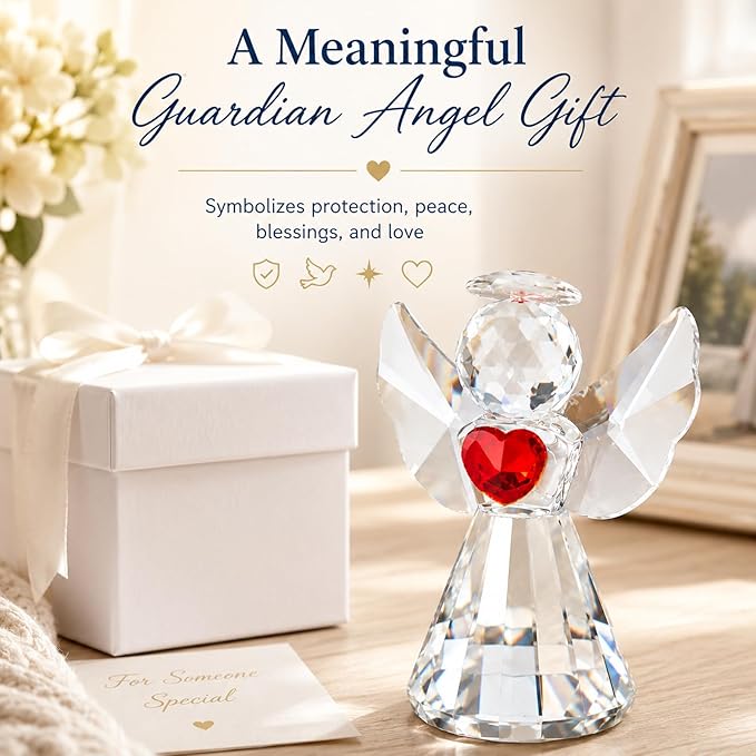 Crystal Guardian Angel Figurine – Glass Angel Statue Collectible, Sparkling Crystal Angel Figurines Gifts for Women, Men, Mom, Friends Home Office Decor (Clear)