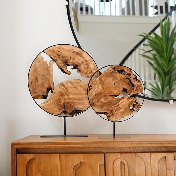 WELLAND Round Cedar Wood Sculpture 13.77" W x 13.77" D x 14" H, Irregular Shape Decor for Living Room, Bedroom, Home Office