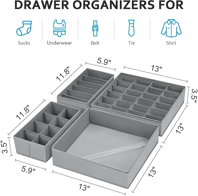 Drawer Organizer Clothes - Foldable Underwear Organizer and Sock Organizer, Bra organizer Fabric Dresser Drawer Organizer Divider for Socks, Bra, Underwear, Tie, 12 Pack, Grey