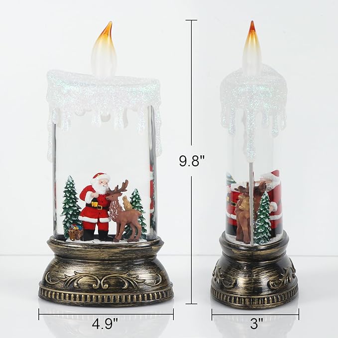 Christmas Snow Globe Candle with Timer & Music, Santa Flying with Reindeer Scene, Swirling Glittering Candle Shaped Snow Lantern, USB/Battery Operated Lighted Lantern for Christmas