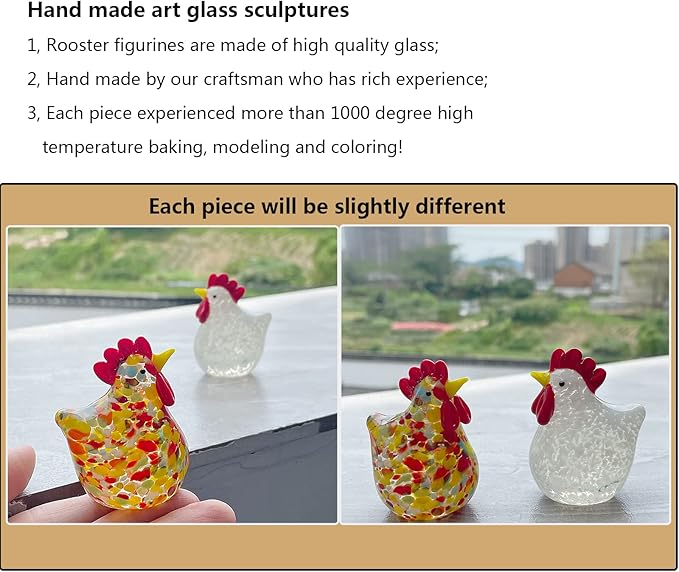 LONGWIN 2PCS Mini Glass Chicken Figurine Hand Blown Art Glass Rooster Animal Statues Collectible Figurines Unique Gift Home Decor Ornaments