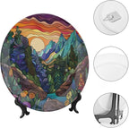 Stained Glass Theme Decorative Ceramic Plate Round Porcelain Plate,8 inch,Sunset Forest Stream Pattern,for Decorative Ornaments Giving Plates, 1 Plate with 1 Display Stand,Multicolor