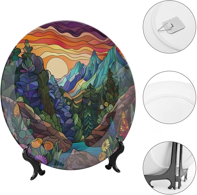 Stained Glass Theme Decorative Ceramic Plate Round Porcelain Plate,6 inch,Sunset Forest Stream Pattern,for Decorative Ornaments Giving Plates, 1 Plate with 1 Display Stand,Multicolor