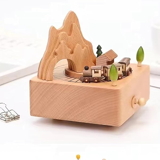 Natural Solid Wood Handcrafted Beech Wooden, Musical FigureTotoro/Carousel/Fairy/Ballerina Figurine,Rotating Hand Crank Mechanism Music Box,Musical Decorations (Mountain and Train)