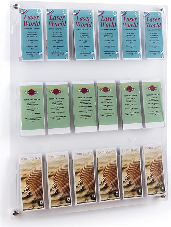 Displays2go 3-Tiered Clear Acrylic Magazine Rack, Adjustable, 9-18 Pockets - Clear (2RP9CLR)