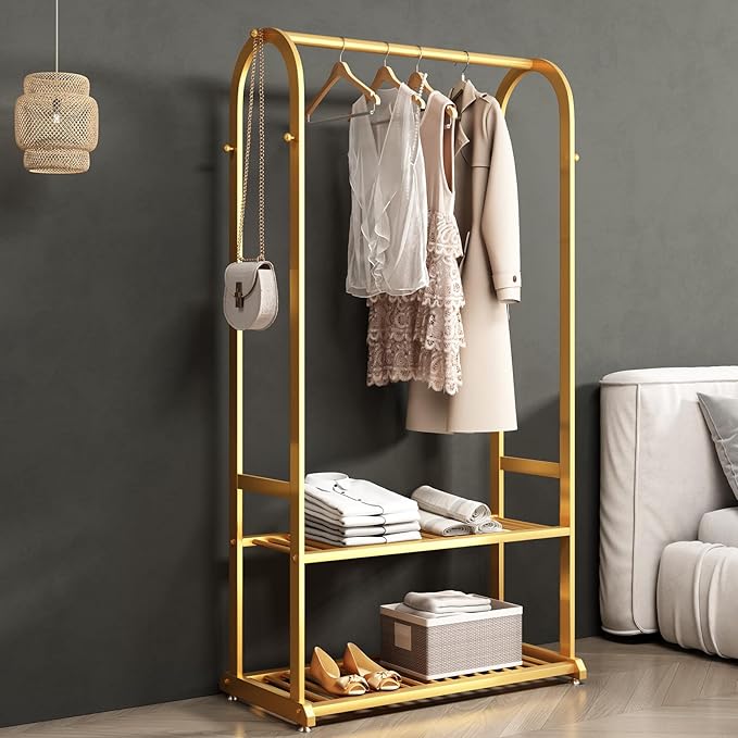 Gold Clothing Rack,Metal Garment Rack with Bottom Storage Shelves and 6 Side Hooks,modern Sturdy clothes racks for hanging clothes,Freestanding Wardrobe Rack for Bedroom or Boutique (L:31.5in)