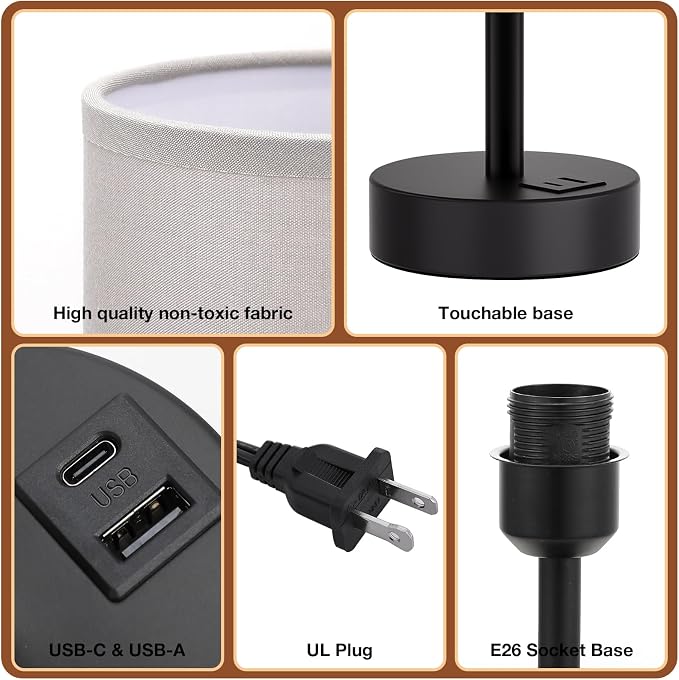 Dicoool Grey Touch Bedside Lamp with USB - 3 Way Dimmable Table Lamp for Bedroom, Nightstand Lamp with Black Charging Station for Desk Dorm, Office, Boy Kids Room, Small