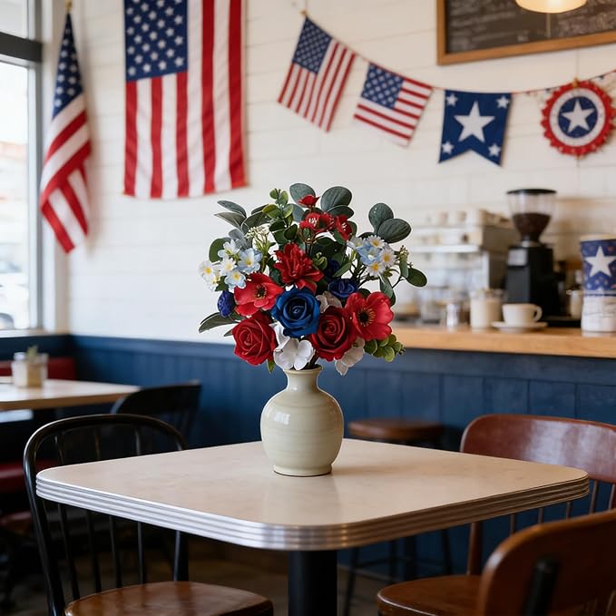 Idyllic 6 Pcs Red White & Blue Patriotic Floral Stems, Artificial Roses Hydrangeas Daisies for 4th of July, Memorial Day Wreath & Holiday Decor