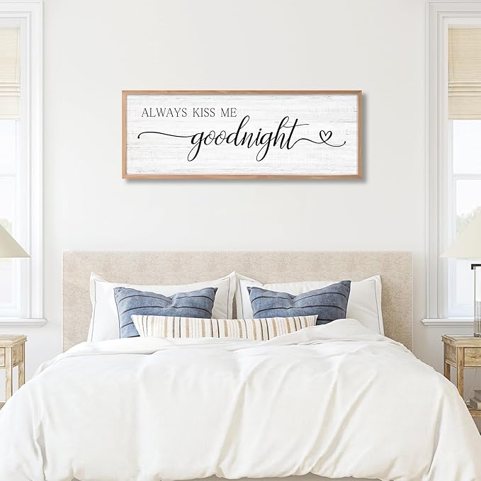 Always Kiss Me Goodnight Wall Sign Above Bed 41.3''×15'' Large Farmhouse Wall Decor for Bedroom Couples Room Decor Framed Wood Wall Art Rustic Master Bedroom Wall Decoration (brown frame)