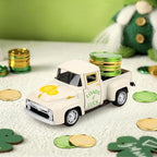 St Patricks Truck Decor White Metal Car with Gold Green Coin St Patrick’s Day Decor Farmhouse Vintage Green Metal Truck Decor Irish Party Decoration Vintage Collectible Car for Desk Bookshelf