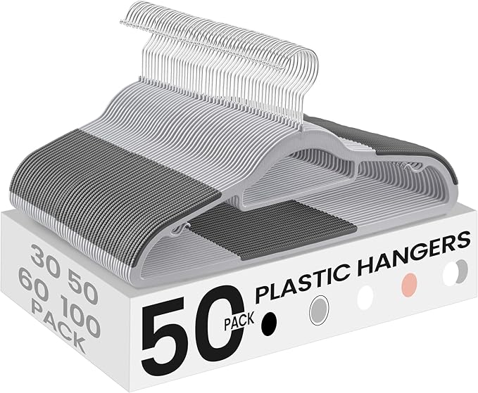 SONGMICS Pack of 50 Coat Hangers, Space-Saving Plastic Clothes Hangers, Non-Slip, 0.2 Inches Slim, 16.5 Inches Wide, 360° Swivel Silver Hook, Light Gray and Dark Gray UCRP20G50