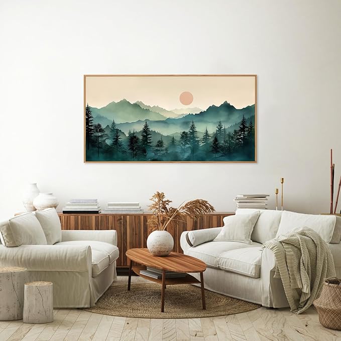 SIGNINART Large Boho Mountain Framed Canvas Wall Art, Nature Pine Tree Wall Painting, Abstract Foggy Forest Wall Decor, Modern Sunrise Art Prints for Bedroom Living Room and Office 20"x40"