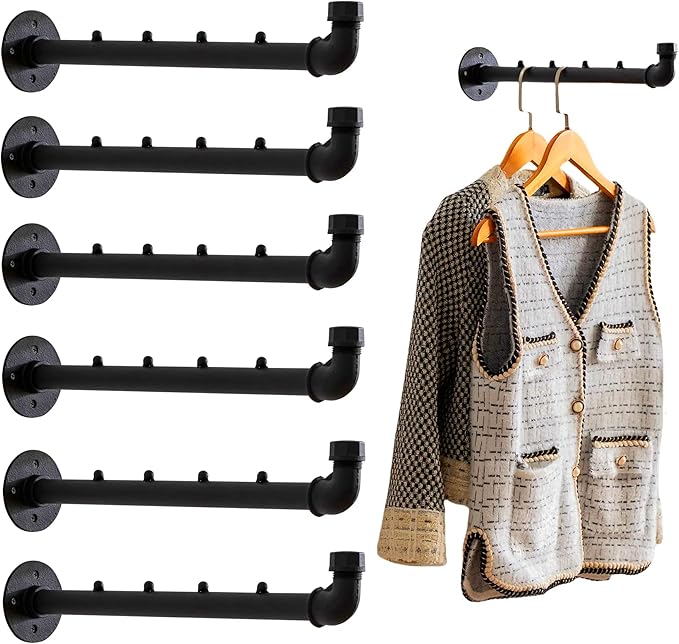 Industrial Wall Pipe Clothes Bar - Heavy Duty Metal Coat Hanger with Hook, Wall-Mounted Garment Holder Racks,Wall Clothing Racks/Hanging Rail, 6Pcs