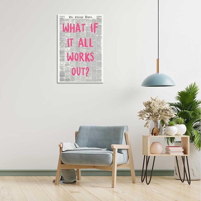 Drimiler What If It All Works Out Poster Retro Newspaper Pink Font Canvas Wall Art Positive Affirming Quote Minimalist Prints Painting For Home Bedroom Dorm Wall Decor 12x16in Wframed