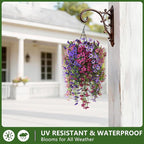 INQCMY Artificial Hanging Flowers Decoration, 8pcs Fake Floral Basket Plants for Outdoor Porch, Faux Shrubs Home Spring Decor UV Resistant Potted Violets for Outside Garden No Fade