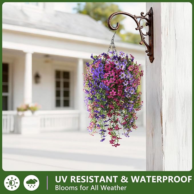 INQCMY Artificial Hanging Flowers Decoration, 8pcs Fake Floral Basket Plants for Outdoor Porch, Faux Shrubs Home Spring Decor UV Resistant Potted Violets for Outside Garden No Fade