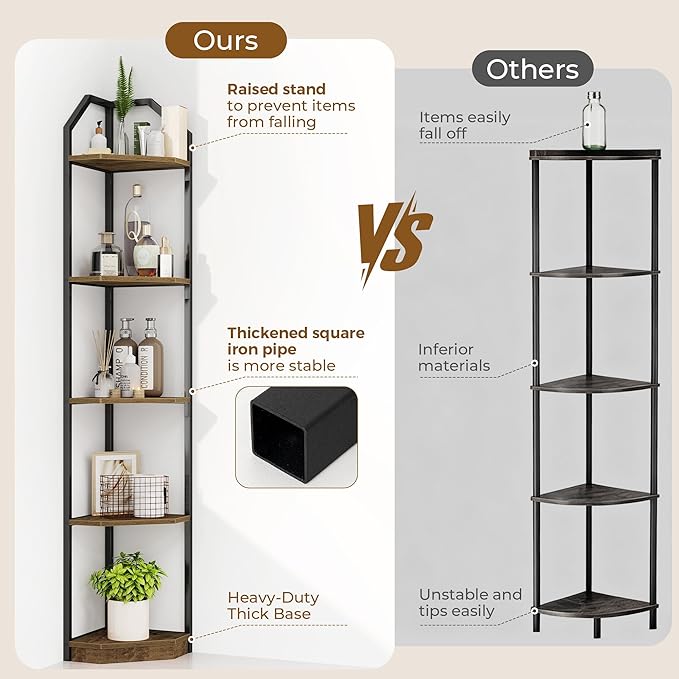 5 Tier Corner Wall Shelf Stand, 70" Metal Corner Shelves Bookshelf Display Shelf for Living Room Decor, Tall Plant Stand Multi Unit Organizer, Standing Shelf for Bedroom,Bathroom,Small Space (Brown)