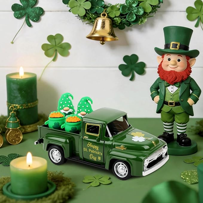 Hxezoc St Patricks Day Shamrock Truck Decor Green Vintage Metal Truck Spring Farmhouse Tabletop Mantle Decoration for Home Kitchen Office St Patricks Day Theme Party Supplies