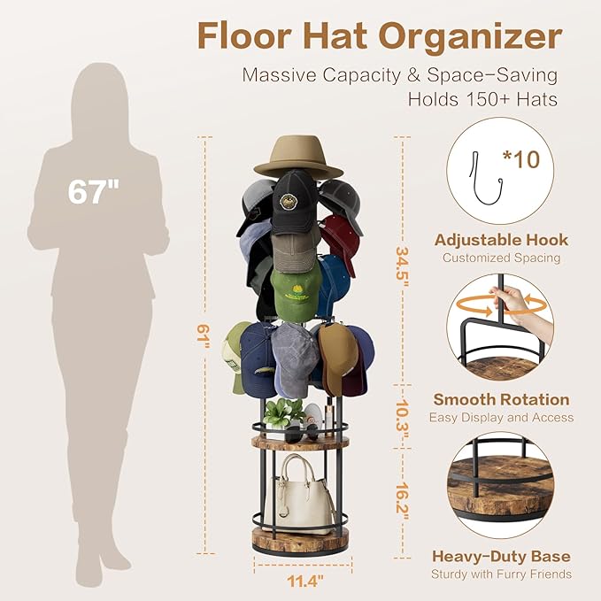 Keebofly 360° Rotating 5-Tier Hat Rack Stand - Large Capacity Freestanding Hat Storage, Hat Organizer for Baseball Caps with Metal & Wood Shelves, Holds 150+ Hats, Ideal for Vendor Booth & Home