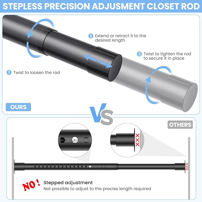 Closet Rods for Hanging Clothes, 17 to 54 Inch Stepless Adjustable Closet Rod, 1.3 Inch Diameter Metal Heavy Duty Closet Hanging Rod for Closet Wardrobes Laundry RV, Black