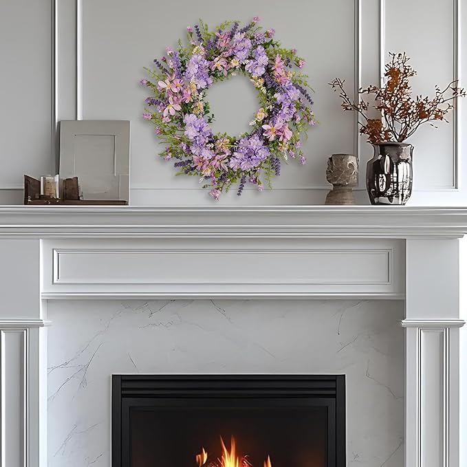 Purple Hydrangea Wreath for Front Door, 22 Inch Spring Wreath with Lavender & Artificial Flowers, Berry and Grain Accents, Rustic Farmhouse Floral Wreath for Outdoor Porch Indoor Home Decor