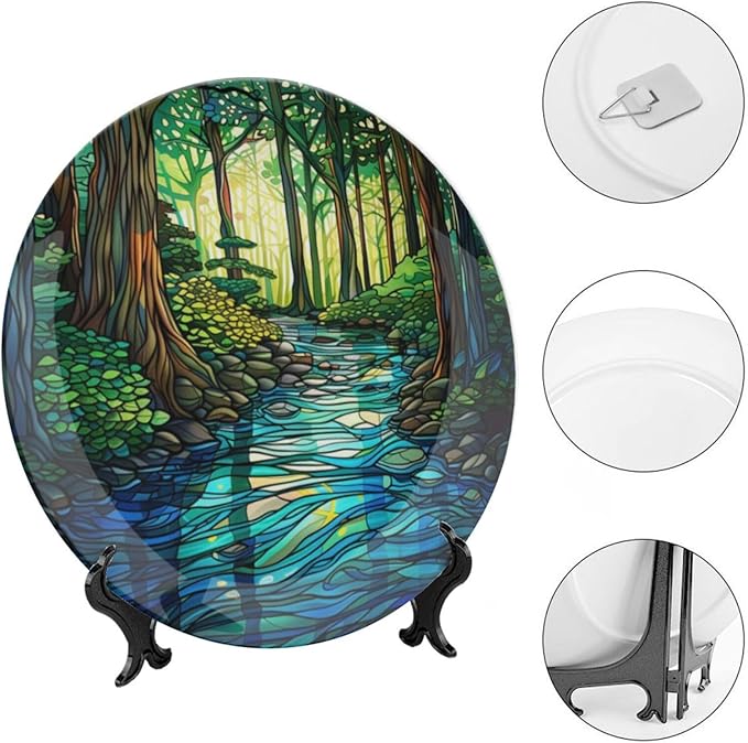 Stained Glass Theme Decorative Ceramic Plate Round Porcelain Plate,7 inch,Sunrise Forest Stream Pattern,for Decorative Ornaments Giving Plates, 1 Plate with 1 Display Stand,Green Blue Gold