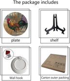 Rooster Decorative Plates, 10 Inch, Chicken In Rice Field Round Display Plate, Hanging Decorative Plate with Display Stand, Ceramic Craft for Wall Hanging Decorative
