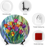 Stained Glass Theme Decorative Ceramic Plate Round Porcelain Plate,8 inch,Tulip Pattern,for Decorative Ornaments Giving Plates, 1 Plate with 1 Display Stand,Multicolor