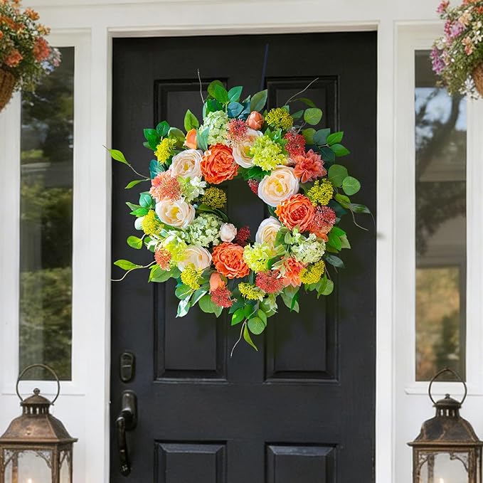 Spring Wreaths for Front Door Outside 24 Inch Luxury Summer Wreath with White Rose Flowers,Pink Dahlia & Green Hydrangeas,Lush Greenery Spring Front Door Wreath for Home,Wall,Porch Decor