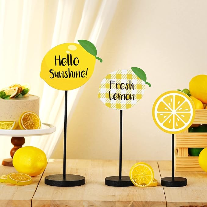 Maitys 3 Pcs Summer Lemon Wooden Table Decor Yellow Lemon Tiered Tray Decoration Rustic Summer Table Centerpiece Standing Block Sign for Home Kitchen