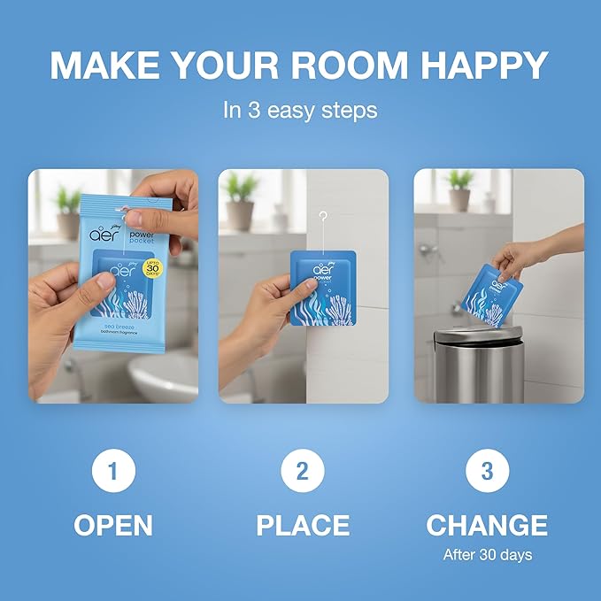 Godrej Aer Power Pocket Sea Breeze Bathroom Fragrance 10 g, 6-Pack, Blue