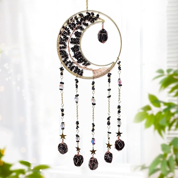 Black Dream Catcher Wall Decor Crystal Tree of Life Dream Catchers with Stone Pendant Handmade Dreamcatcher Wall Hanging Ornament for Bedroom Living Room Home Decor