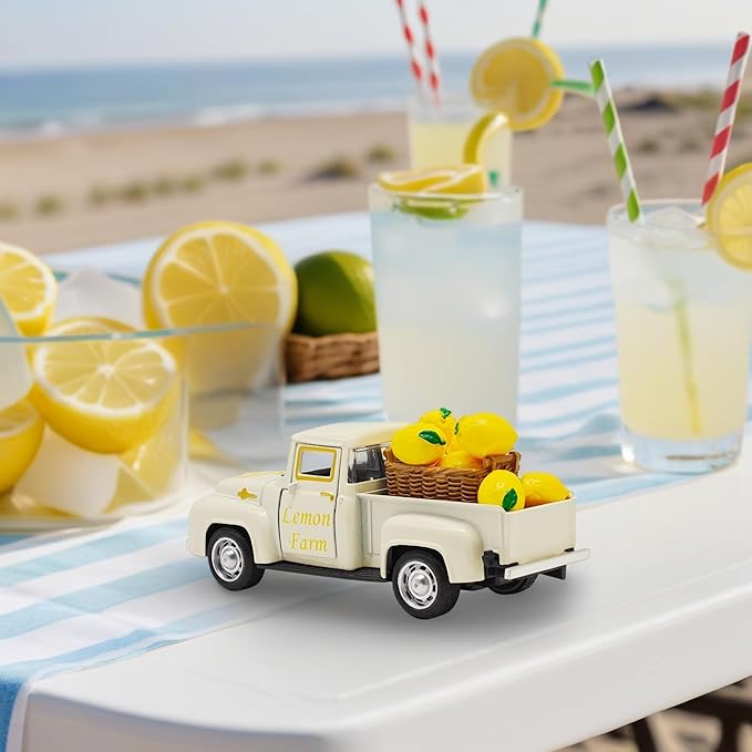 Lemon Decor - 4.9″Farmhouse Vintage Metal Truck with Mini Fake Lemons for Home Kitchen Table, Shelf, Party Decorations and Lemonade Stand Decor Summer Tiered Tray Decoration